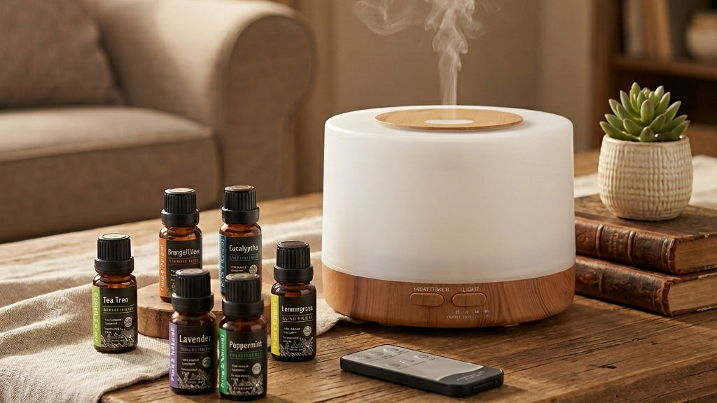 Pniaw round aroma diffuser on a rustic wooden table in the living room, surrounded by a 6-bottle essential oil set (Tea Tree, Lavender, etc.), a remote control, and a succulent plant.