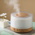 Close-up of Pniaw cylindrical ultrasonic diffuser with light wood grain base and frosted lid, featuring manual mist and light knobs, styled with a daisy flower.