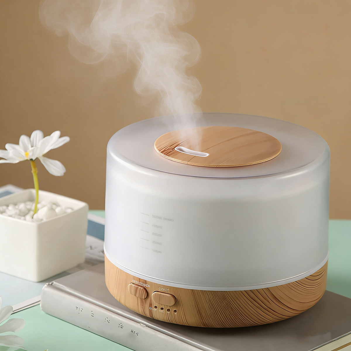 Close-up of Pniaw cylindrical ultrasonic diffuser with light wood grain base and frosted lid, featuring manual mist and light knobs, styled with a daisy flower.