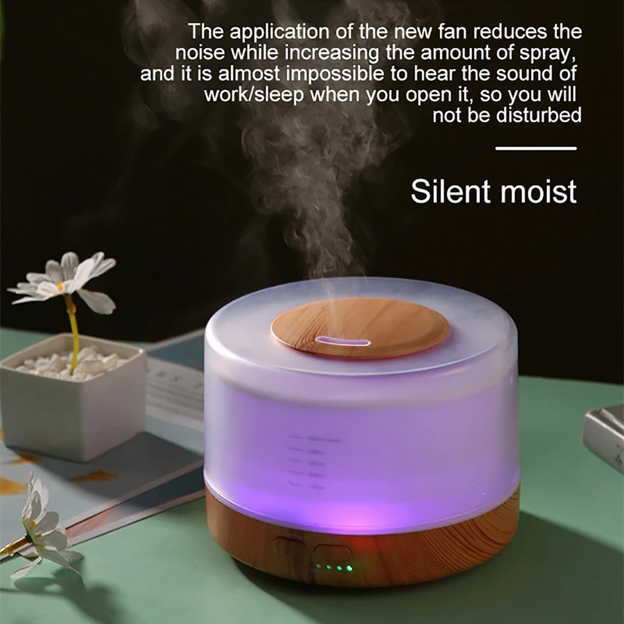 Pniaw round diffuser operating silently with new fan technology that reduces noise while increasing spray amount, featuring a calming purple LED light for undisturbed sleep.