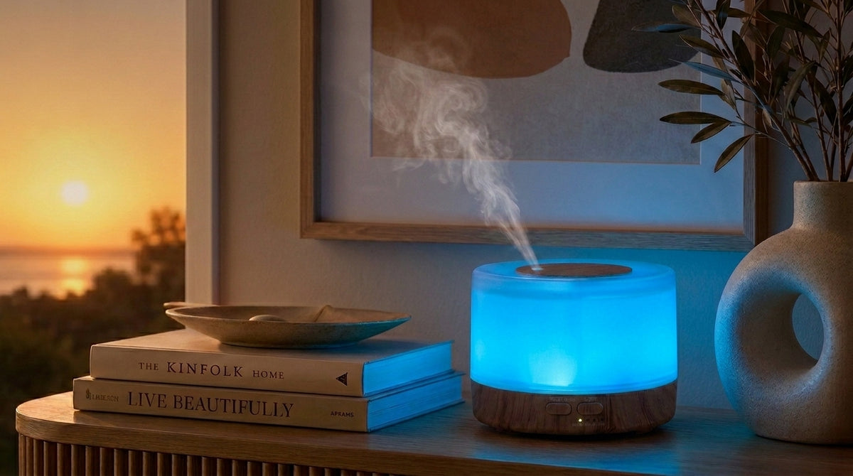 Pniaw round light wood grain diffuser glowing with warm blue LED light on a console table by the sunset window, styled with books and a modern vase.