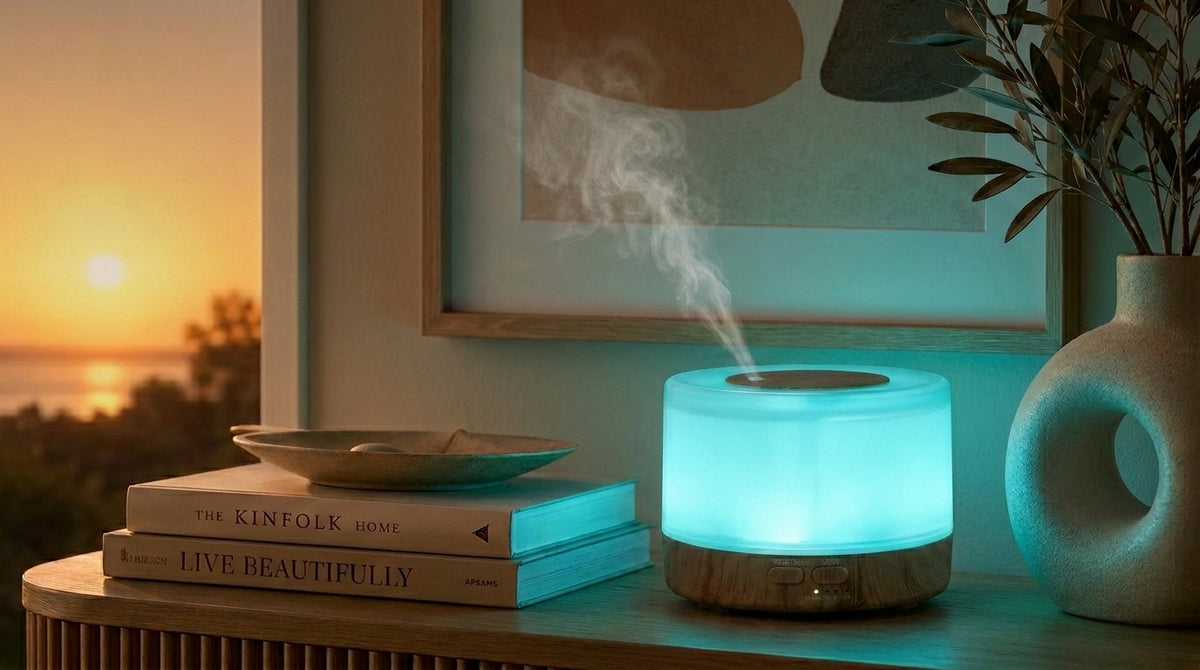 Pniaw round light wood grain diffuser glowing with light blue LED light on a console table by the sunset window, styled with books and a modern vase.