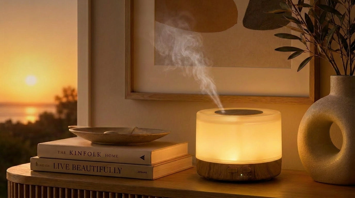 Pniaw round light wood grain diffuser glowing with warm yellow LED light on a console table by the sunset window, styled with books and a modern vase.