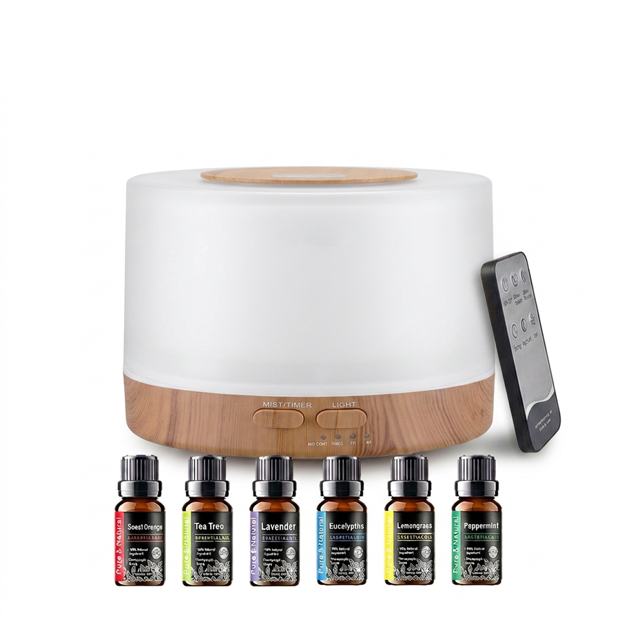 Pniaw round light wood grain diffuser full set on white background, including a remote control and 6 therapeutic essential oils: Sweet Orange, Tea Tree, Lavender, Eucalyptus, Lemongrass, and Peppermint.