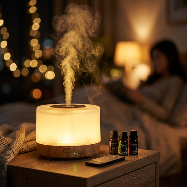 Pniaw round light wood grain diffuser on a cozy bedroom nightstand with warm LED glow, remote control, and 3 essential oil bottles, creating a relaxing sleep atmosphere.