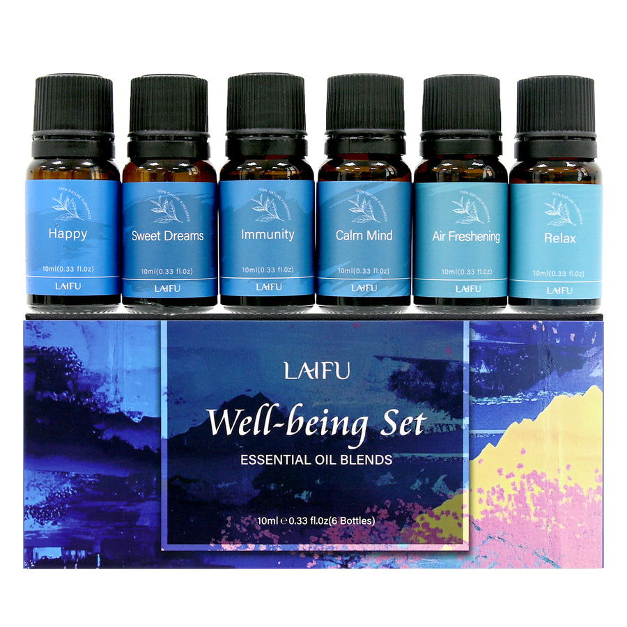 Well-being essential oil blends set featuring 6 bottles (10ml each): Happy, Sweet Dreams, Immunity, Calm Mind, Air Freshening, and Relax.
