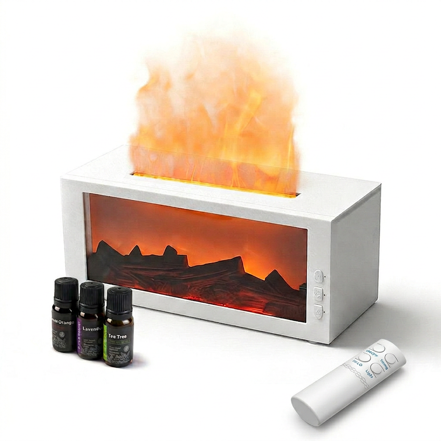 Pniaw fireplace-style ultrasonic diffuser with three essential oil bottles, remote control, and LED fire flame mist effect on white background.