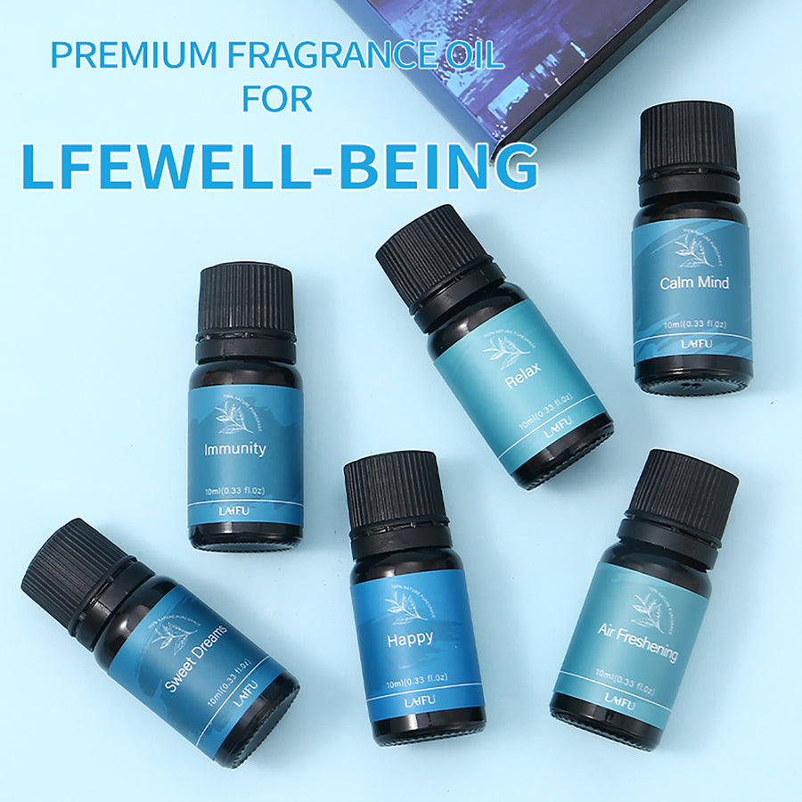 Premium essential oil set for life well-being, displaying 6 blend varieties scattered on a light blue background.
