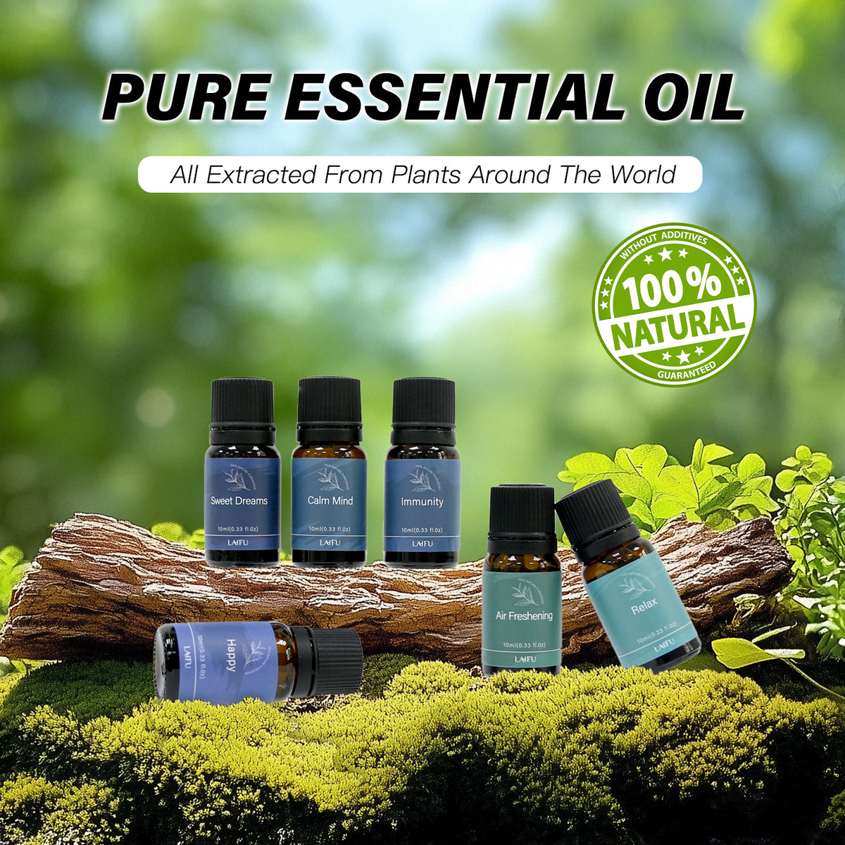 Pure Essential Oil Blends from LAIFU arranged on a mossy log in a forest, highlighting 100% natural ingredients extracted from plants around the world.