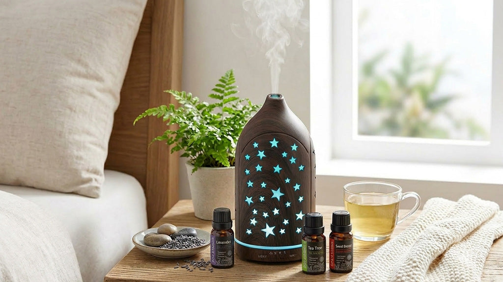 Dark wood star diffuser glowing with blue LED light on a rustic wooden table by the window, surrounded by a 3-pack essential oil set (Lavender, Tea Tree, Sweet Orange), a cup of tea, fern plant, and smooth stones.
