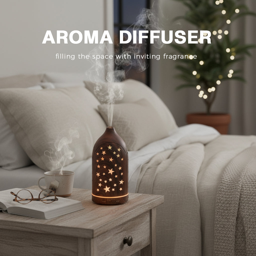 Dark wood star aromatherapy diffuser glowing on a wooden nightstand next to a bed with glasses and a book, filling the space with inviting fragrance.