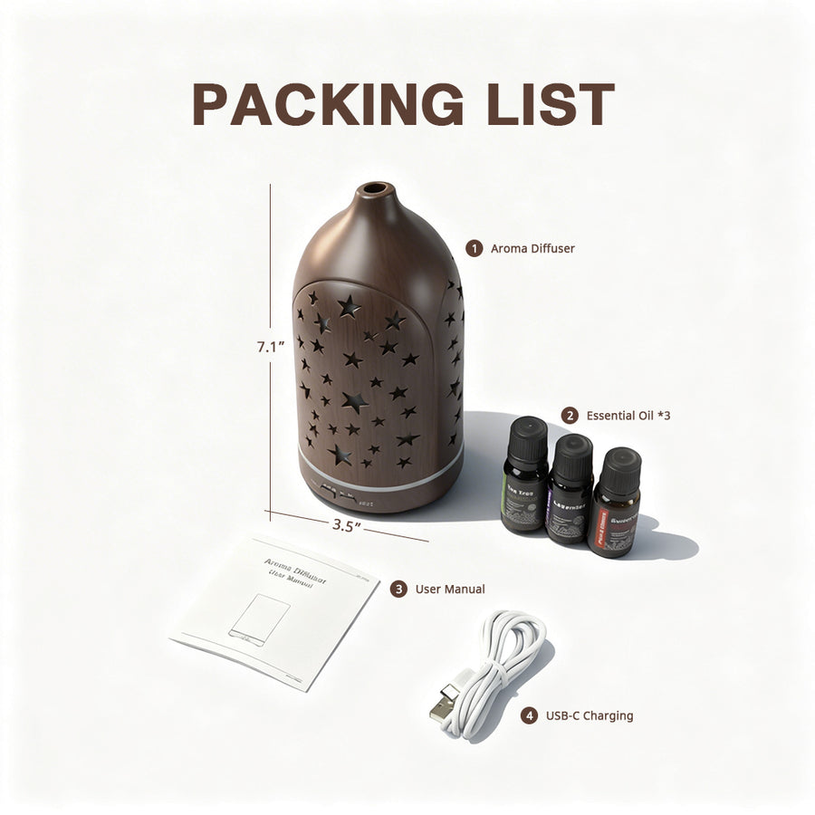 Packing list of the star cutout diffuser set (7.1 x 3.5 inches), including the aroma diffuser, 3 essential oils, user manual, and USB-C charging cable.