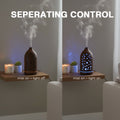 Demonstration of the star cutout diffuser's separating control feature: mist on with light off (left) versus mist on with LED light on (right).