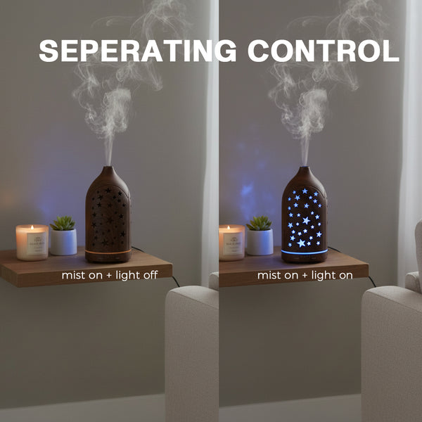 Demonstration of the star cutout diffuser's separating control feature: mist on with light off (left) versus mist on with LED light on (right).