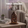 Infographic of the dark wood star diffuser timer settings: 1 Hour for Spa, 3 Hours for Reading, and ON mode for Work, with auto shut-off.