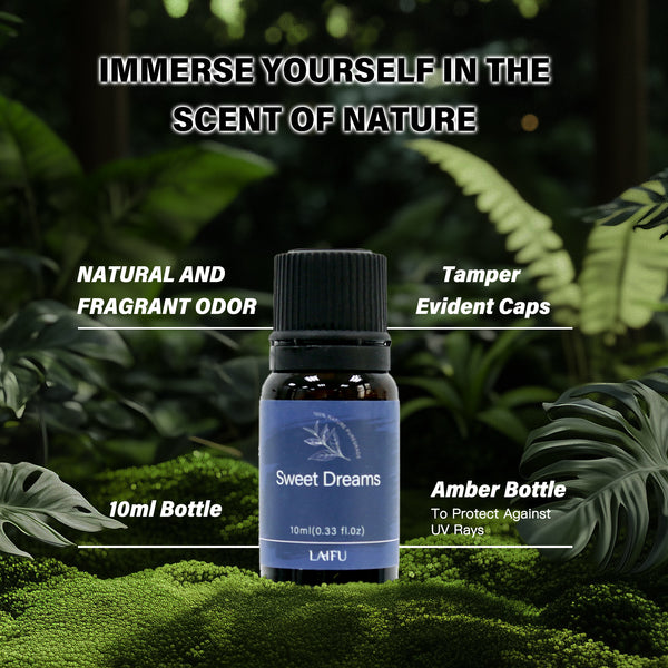 Close-up of LAIFU Sweet Dreams essential oil blend in an amber bottle on moss, featuring tamper-evident caps and UV protection for natural and fragrant odor.