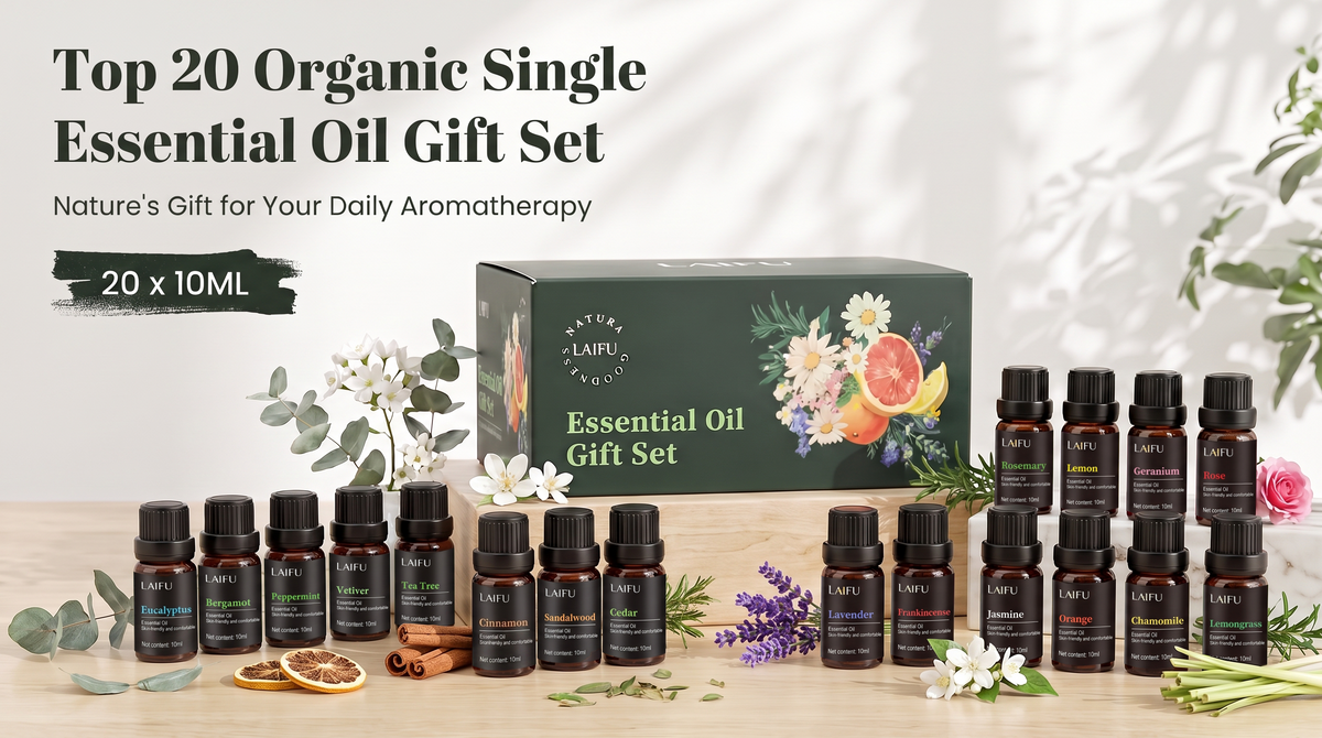 LAIFU Top 20 Organic Single Essential Oil Gift Set (20 x 10ml) displayed on a wooden table with natural sunlight and plant shadows, featuring Eucalyptus, Peppermint, Lavender, and Citrus scents.