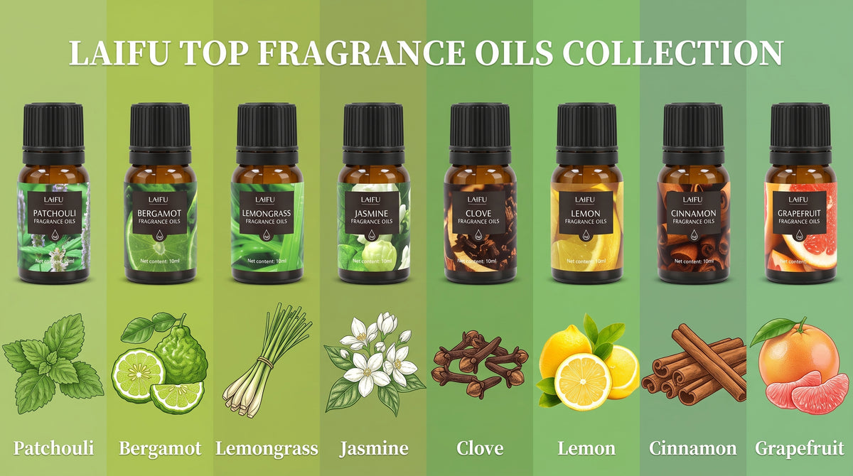 LAIFU Top Fragrance Oils Collection Part 1 featuring 8 scents: Patchouli, Bergamot, Lemongrass, Jasmine, Clove, Lemon, Cinnamon, and Grapefruit with botanical illustrations.