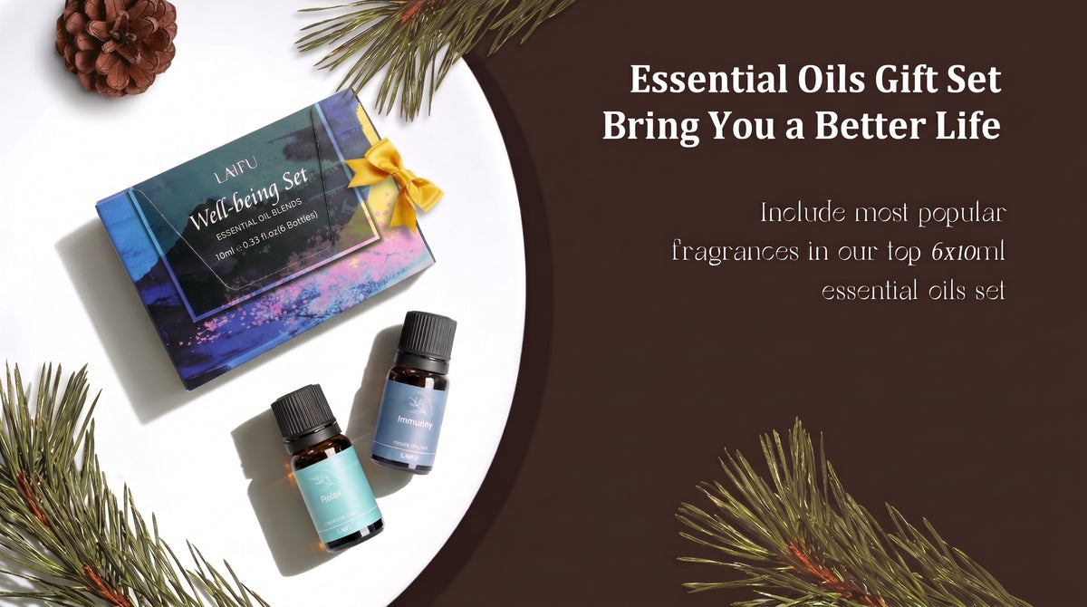 LAIFU Well-being Essential Oils Gift Set tied with a yellow ribbon on a white plate with pine cones and branches, presented as a perfect gift to bring you a better life.