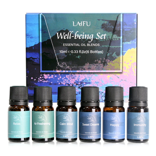 LAIFU Well-being Set of 6 Essential Oil Blends (10ml each) including Relax, Air Freshening, Calm Mind, Sweet Dreams, Happy, and Immunity, displayed with the colorful gift box.