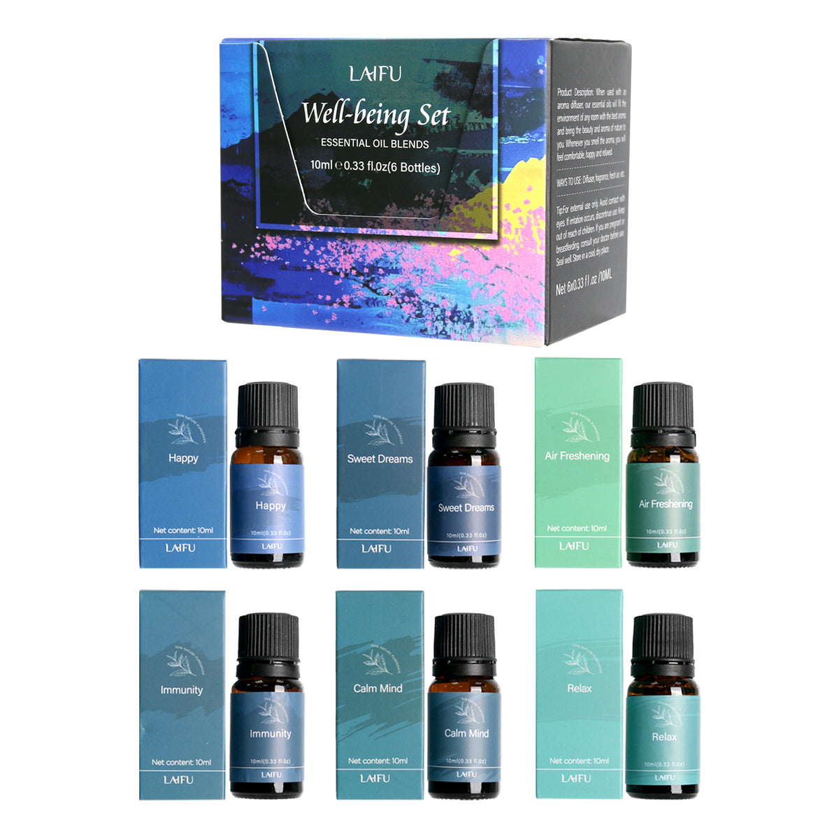 Complete collection of the LAIFU Well-being Set featuring 6 essential oil blends and their corresponding individual packaging boxes (Happy, Sweet Dreams, Air Freshening, Immunity, Calm Mind, Relax).