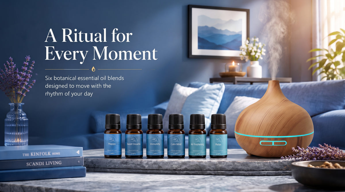 Well-being essential oil set arranged with a wooden diffuser in a cozy living room, promoting "A Ritual for Every Moment" lifestyle.