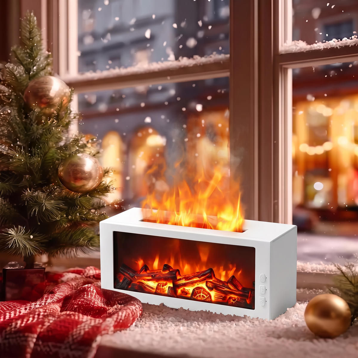 White fireplace essential oil diffuser set with realistic flame effect and warm mist on a snowy Christmas windowsill, featuring cozy holiday decor with a small Christmas tree, red plaid blanket, and gold ornaments, perfect winter aromatherapy gift.
